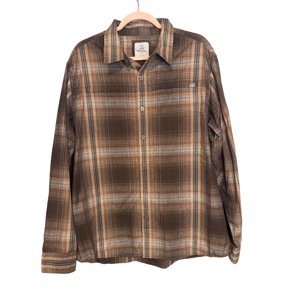 Ascend Plaid Shirt‎ Long Sleeve Button Up Brown Casual L/G
